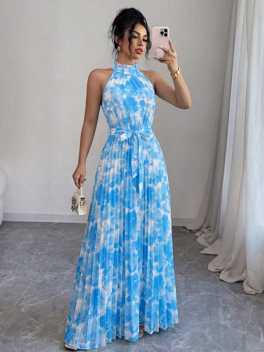 Elenzga Gaun A-Line Elegan Romantis dengan Kerah Ruffle dan Lipatan di Pinggang, Motif Bunga, Cocok untuk Kencan, Musim Semi/Panas - MultiWarna - View 1