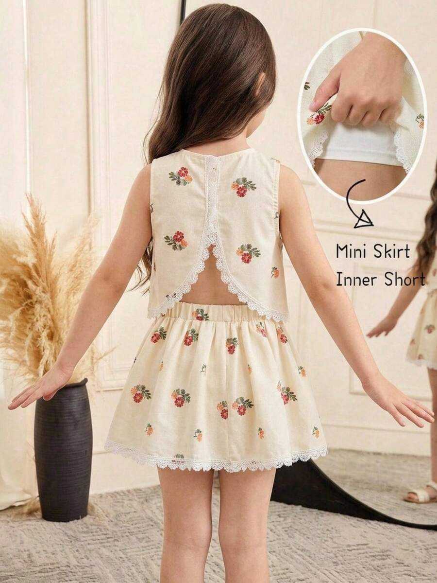 SHEIN 少女编织刺绣纯色圆领不对称蕾丝下摆休闲上衣和迷你裙两件套,可爱、优雅、甜美、复古又时尚。适合妈妈、女儿、姐妹搭配,度假、节日、上学、日常穿着、居家聚会和特殊场合,春夏皆宜。 - 杏色 - 查看 1