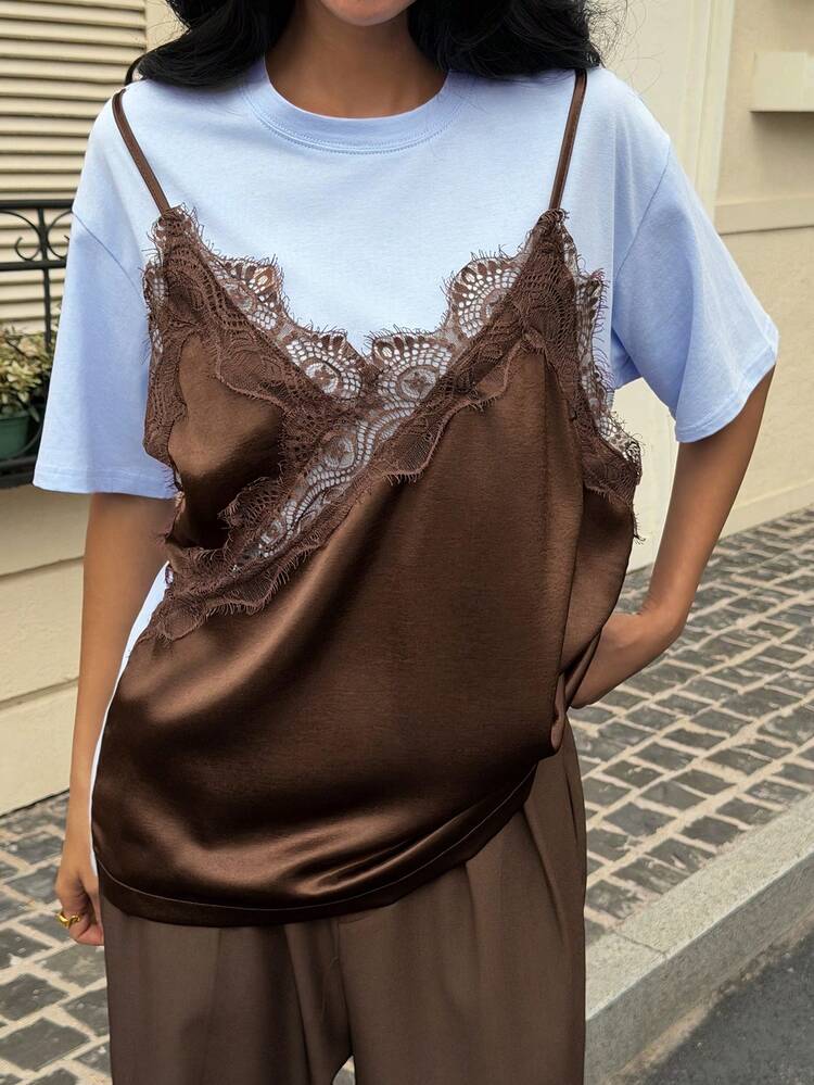 Women's Patchwork Contrast Color Loose T-Shirt, Layered Camisole Look, Sweet Style, Suitable For Spring And Summer