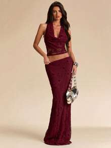 SHEIN BAE Atasan Camisole Tanpa Punggung dengan Hiasan Manik-Manik dan Bordir Biru, Cocok untuk Liburan, Pakaian Sehari-hari, Kencan, Pesta, Festival Musik, Atasan Musim Panas - Burgundy - View 5
