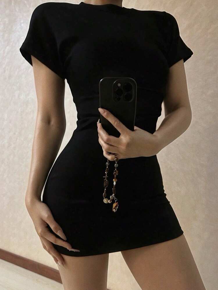 Women's Solid Color Round Neck Short Sleeve Fitted Casual Mini Dress