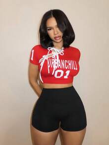 BamGleam Red Lace-Up Cropped Short Sleeve T-Shirt, Retro American Y2K Sexy Sporty Casual Top - Red - View 6