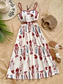 SHEIN WYWH 女士绿色热带花卉印花镂空系带A字中长吊带连衣裙，适合度假穿着 - 彩色 - 查看 5