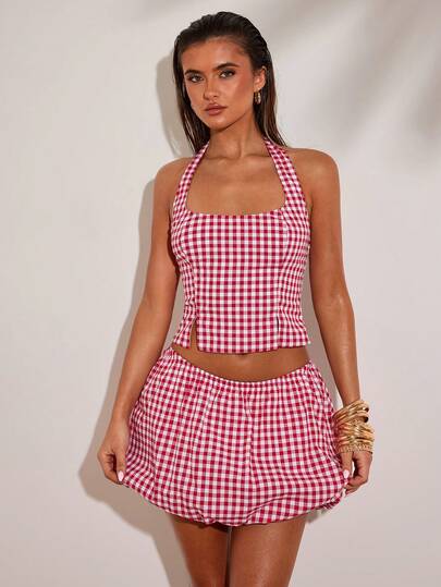 SHEIN BAE Bộ quần short kẻ caro đỏ trắng mùa xuân/hè dành cho nữ, thích hợp mặc đi dã ngoại, dã ngoại, thời trang, đi biển, đi làm và thư giãn, bộ đồ kẻ caro.