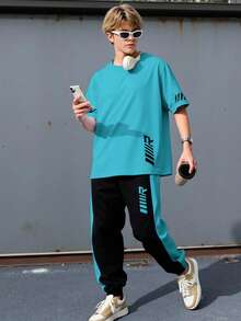 SHEIN 2件套青少年男童/青少年男童休闲日常舒适印花圆领宽松短袖T恤和印花撞色直筒针织裤套装 - 綠色 - 查看 7