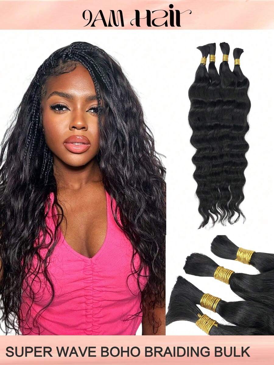 Boho Braids 100%真人发，适合波西米亚风编发，超波浪卷发，4束/包，95克，全头自然黑色散装真人发接发，适用于无结编发，湿波浪无纬预分离编发，女士真人发接发
