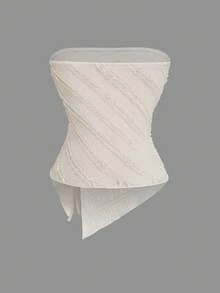 Women's European And American Strapless Sleeveless Textured Fabric Party Gathering Ruched Asymmetric Elegant Knit Stretchy Top - Apricot - View 2