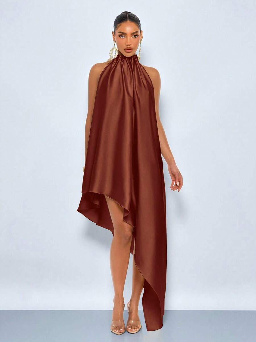 SOLERSUN Spring/Summer Women's Elegant Party/Wedding Glossy Fabric Sleeveless Asymmetrical Dress.