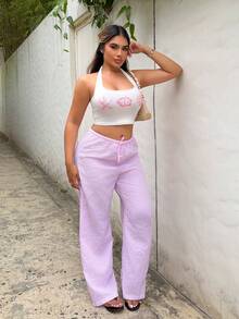 Maria Perezxox Camiseta sin mangas de cuello halter color rosa con estampado de estrella de mar, flor y concha, adecuada para el verano - Multicolor - Ver 4
