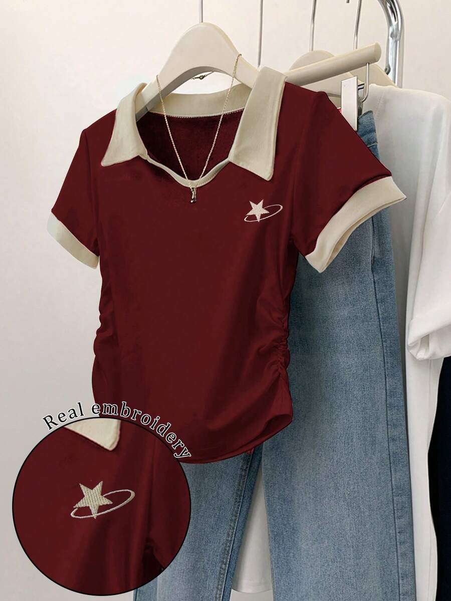 SHEIN Embroidered Contrast Color Collar Slim Fit T-Shirt, Gift For Friends - Burgundy - View 1