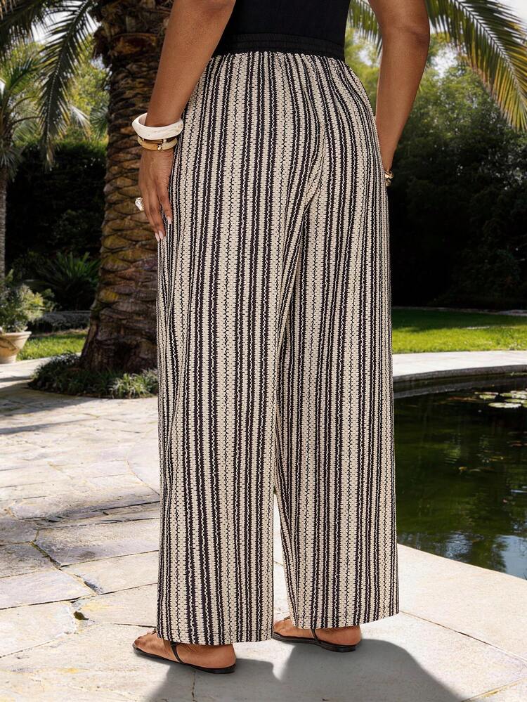Plus Size Women Striped Drawstring Waist Loose Pants, Suitable For Beach Travel Summer Summer Outfits Spring Clothing Spring Outfit Festival Outfits For Women Beach Outfit For Women Vacation Outfits Women Holiday Outfits For Women Summer Holiday Outfits Country Concert Outfit Women's Country Clothing