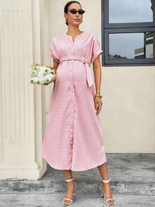 MaterniWear 孕妇休闲日常V领前扣蝙蝠袖连衣裙，夏季 - 粉色 - 查看 4