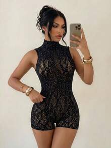 Sirith 2026新款女士黑色镂空针织弹力短款连体裤 - 黑色 - 查看 2