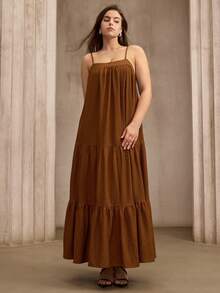 Flouryn Plus Size Women Solid Color Ruffle Hem Camisole Dress Gym Brown Summer - Brown - View 7