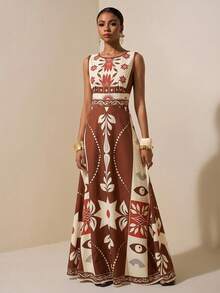 夏季新音乐节 复活节 圣帕特里克节 西方游牧风 生日 毕业 大学生 日常休闲 度假 邮轮 海滩 日光浴 爆款街头风 大码女装 热带雨林组合图案印花 无袖A字长裙 - 棕色 - 查看 4