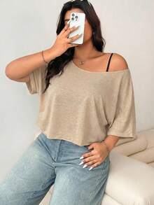 Solflare Áo thun kaki mùa hè dáng rộng cỡ lớn - Màu Khaki - Xem 7