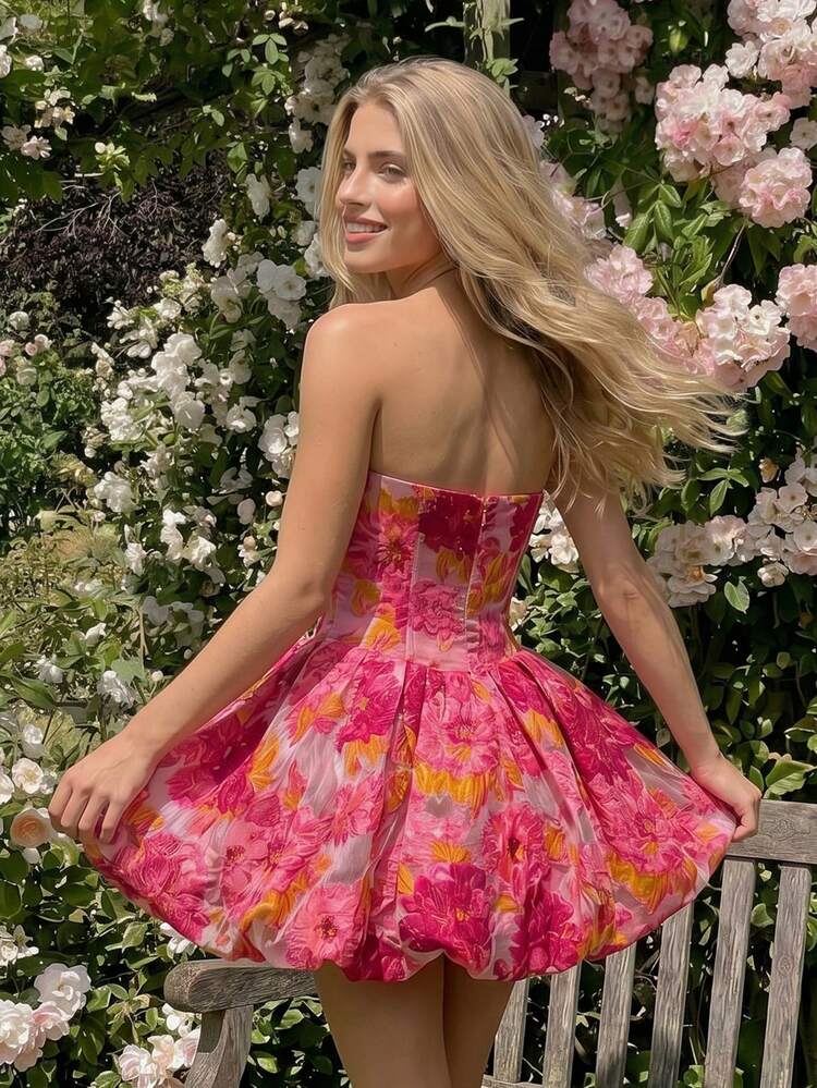 Vestido mini con forro, estampado jacquard bordado multicolor fucsia, vestido mini sexy para fiestas y vacaciones - Rosa Fucsia - Añade 2