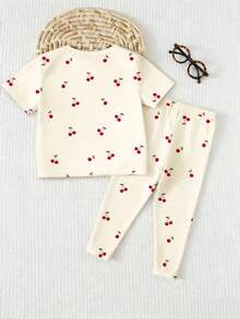 Cream White, Cute Mini Cherry Minimalist Sweet Letter Graphic, Young Girl Casual Loose Round Neck Short Sleeve T-Shirt And Leggings Set, Suitable For Spring & Summer Daily Wear, Farm, Picnic, Outing, Vacation, Homecoming, Back To School - Multicolor - View 2