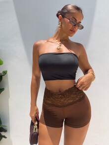 SHEIN SXY Women's Coffee Brown Lace Patchwork Super Shorts,High Waisted Bodycon Biker Shorts For Summer,Gym,Gay,Active Sport,Night Out Comfortable Gym Shorts - Brown - View 3