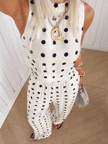 SHEIN EZwear 白色背景黑色波点女士圆领背心和裤子休闲度假套装 - 白色 - 查看 5