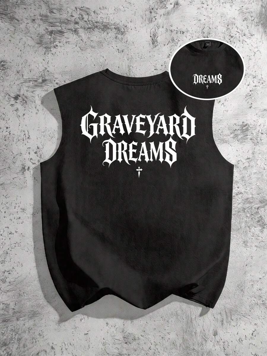 Torvinic Loose Street Fashion Gothic Cross Slogan Black Tank Top - Black - View 1