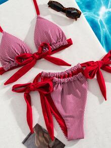 Swim Mod Bộ bikini buộc dây cổ màu tương phản kẻ sọc dành cho nữ cỡ lớn - Nhiều màu - Xem 3
