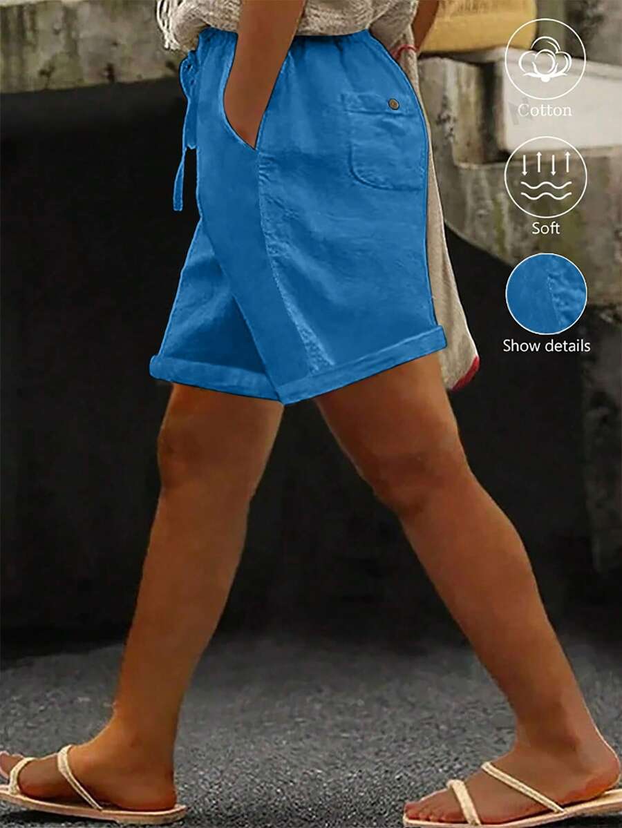 EMERY ROSE Plus Size Washed Cotton Cinched Waist Backpocket Button Decor Cropped Women Top - Blue - View 1