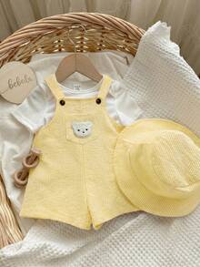 Baby Boy/Girl Casual Striped Short Sleeve Shirt & Solid Color Romper Shorts, Suitable For Spring/Summer Wear, Indoor And Outdoor - Yellow - View 4