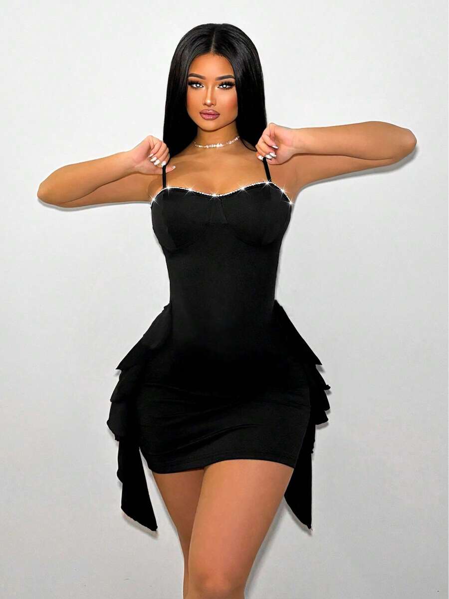 Women's Backless Dress With Ruffle Trimmed Spaghetti Straps Mini Short Women Outfit - Black - View 1