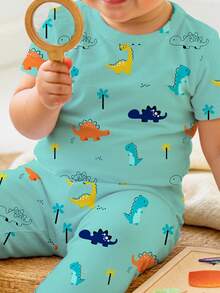 Bubblio Baby Boy Casual Dinosaur Cartoon Print Green Minimalist Snug Fit Round Neck Comfortable Short Sleeve Top And Pants Pajamas Set, Suitable For Spring/Summer - Multicolor - View 4