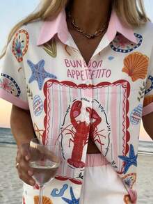 Vaclyn Women's Letter & Lobster Print Button-Up Top And Shorts Casual Outfit - White - View 4