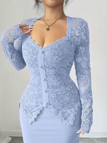 Modelyn Square Neck Lace Patchwork Button Waist Fitted Plus Size Dress For Women Fall - Blue - View 8