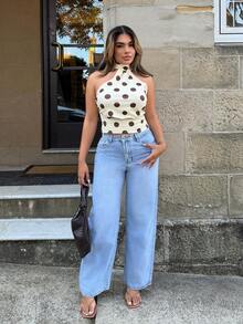 高腰闊腿牛仔褲 - 淺色水洗藍 - 查看 1