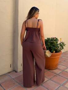 棕色编织亚麻背心和裤子套装 - 棕色 - 查看 2