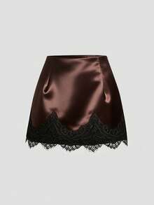 Sweetra Đầm mini dáng ôm eo thanh lịch màu nâu satin phối ren dành cho nữ cỡ lớn, mềm mại và thoải mái, thích hợp mặc hàng ngày, hẹn hò, gợi cảm, đa năng, mát mẻ cho mùa hè. - màu nâu - Xem 1