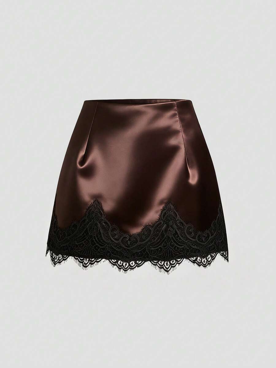 Sweetra Đầm mini dáng ôm eo thanh lịch màu nâu satin phối ren dành cho nữ cỡ lớn, mềm mại và thoải mái, thích hợp mặc hàng ngày, hẹn hò, gợi cảm, đa năng, mát mẻ cho mùa hè. - màu nâu - Xem 1