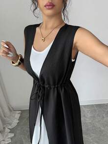 Rafferiza Women's Two-Piece Dress Set: Black Drawstring Long Shirt Dress, White Sleeveless Slim Fit Dress, Casual Commuter Two-Piece Dress, Elegant Dress, Black And White Dress, Summer Everyday Dress, Lace-Up Waist Slimming Dress, Casual Commuter Dress - Black and White - View 5