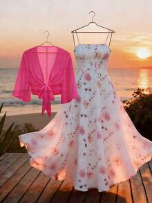 Franclia Plus Size Women's Ditsy Floral Chiffon Dress & Sheer Cardigan Two Pieces Set, Elegant Summer Outfit Fall Cloth For Women - Pink - View 1