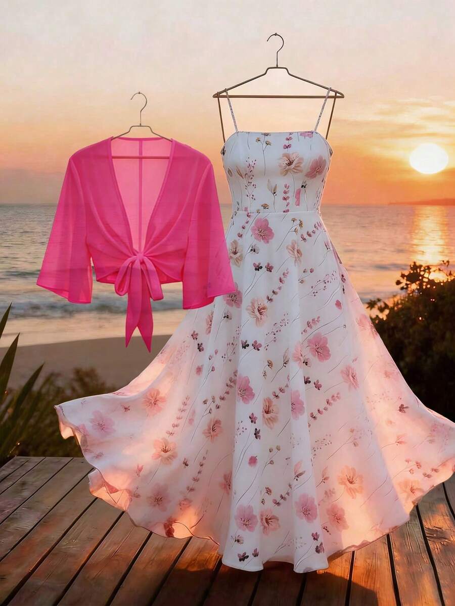 Franclia Plus Size Women's Ditsy Floral Chiffon Dress & Sheer Cardigan Two Pieces Set, Elegant Summer Outfit Fall Cloth For Women - Pink - View 1