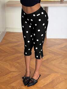 SHEIN EZwear Quần legging nữ dài đến khuỷu tay, họa tiết chấm bi trắng. - màu đen - Xem 4