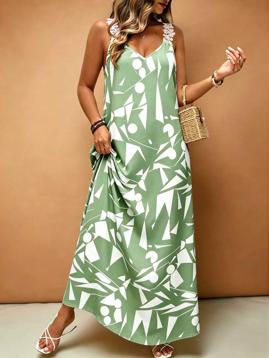 EMERY ROSE Plus Size Women Vacation Lace Trim Solid Color French Style Dress - Green - View 1