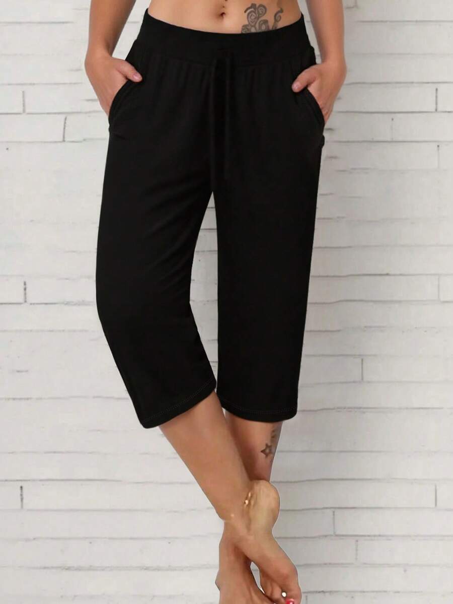 INAWLY 女士休闲弹力腰裤，度假风 - 黑色 - 查看 1