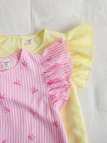SHEIN Tween女孩2件套洋裝，荷葉袖、A字版型、蝴蝶結設計，黃色紋理布料，時尚夏季度假休閒校園寬鬆款 - 粉色 - 查看 6
