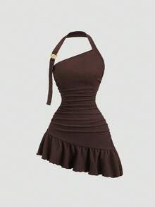 Sweetra 女士金属装饰褶皱领连衣裙，时尚百搭，适合约会和派对 - 鏽棕色 - 查看 1