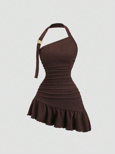 Sweetra 女士金属装饰褶皱领连衣裙，时尚百搭，适合约会和派对