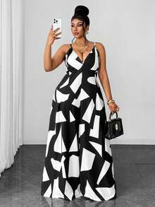 Maweii French Vacation Style Fashionable Printed Plunging Neck Jumpsuit, Waist Cinching Flared Leg Pants For Summer - Black and White - View 3