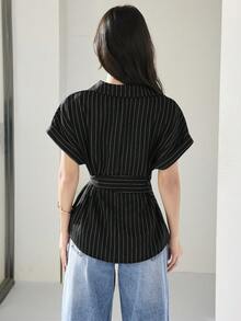 Heiryn 女士条纹休闲百搭日常衬衫 - 黑與白 - 查看 2