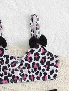 Young Girl Leopard Print Bow Decor Fashion Swimwear Set For Beach Vacation - Purple - View 4