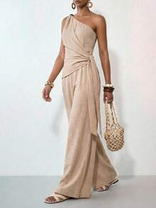 Zivah Women's Sleeveless Loose Jumpsuit With Asymmetric Shoulder Design - Khaki - View 8