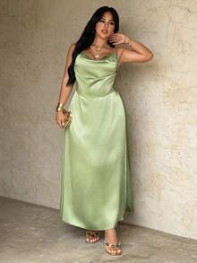 Rustia 休闲优雅法式极简主义垂褶领吊带长裙，A字版型，百搭实用，适合日常、派对、度假等场合，绿色，大码可选 - 綠色 - 查看 8